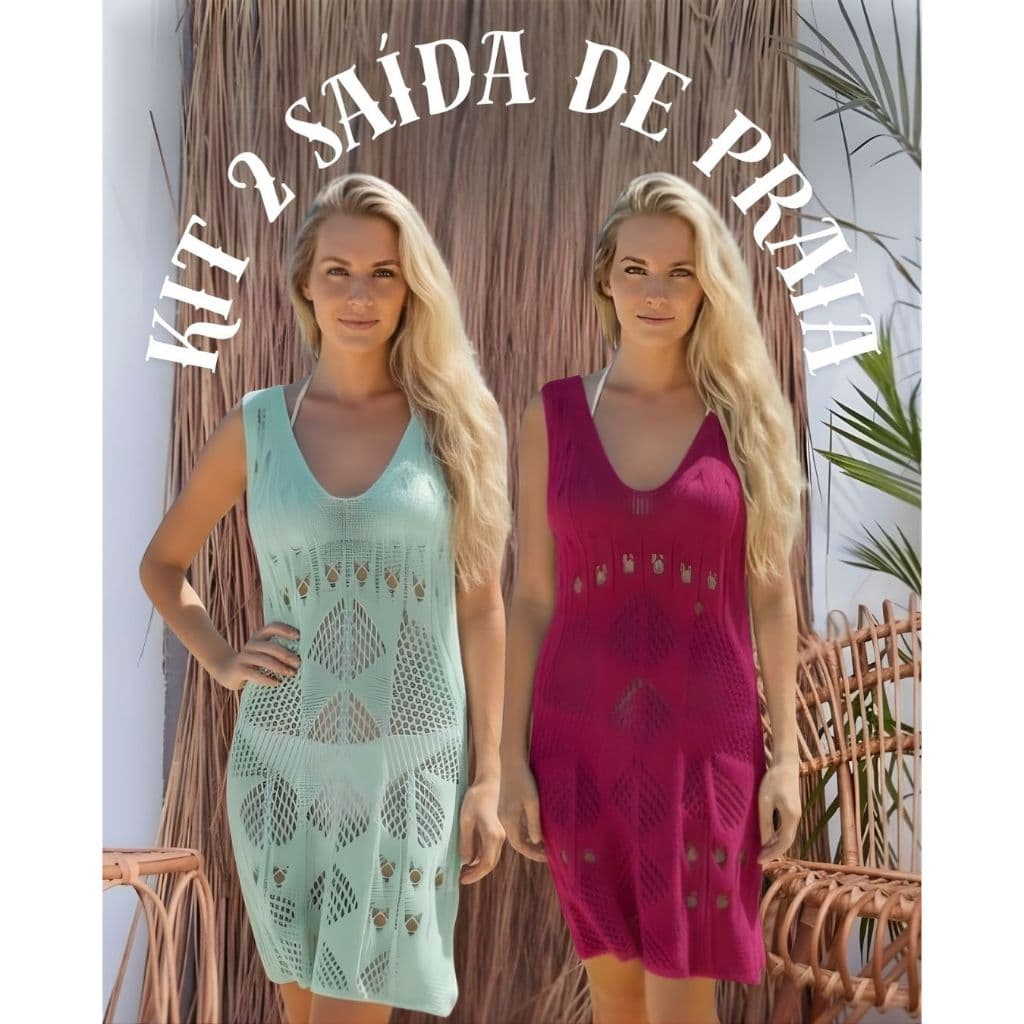 Kit Dois Vestidos Saída De Praia Tricot Feminino Vazado Alça Grossa Decote V Tricô Moda Verão