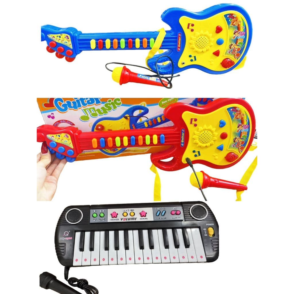 Brinquedo de guitarra de piano eletrônico infantil, guitarra de piano multifuncional portátil com microfone