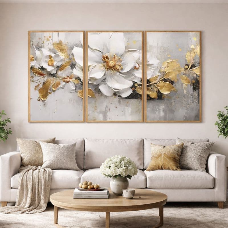Kit 3 Quadros Decorativos 50x70 Com Moldura Sala Quarto Grande Floral Dourado