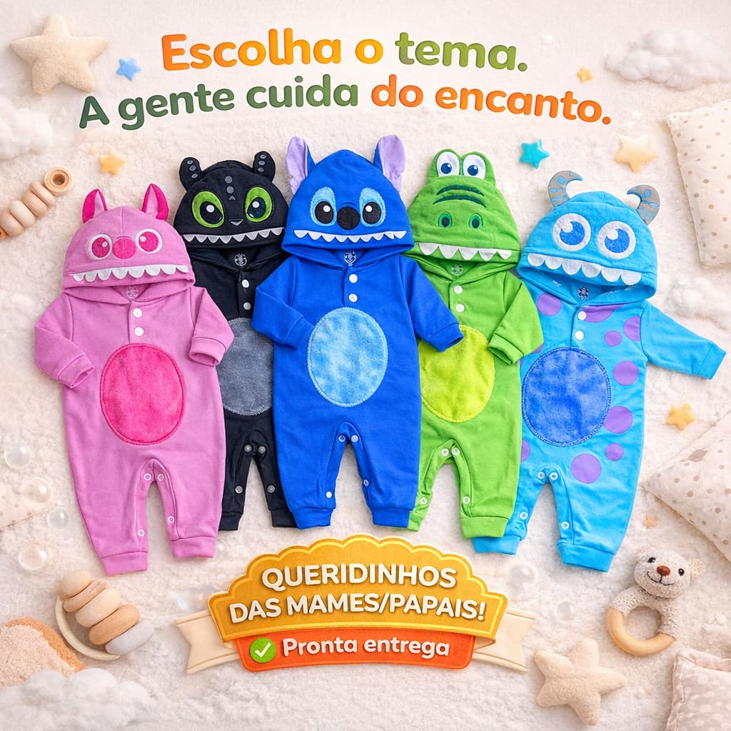 Macacão Roupa de Bebê Tematicos Mesversario Capuz Menino Menina Maternidade