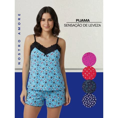Short Doll Feminino com Renda Pijama Curto Sensual Estampado Short Doll Confortável P ao G3