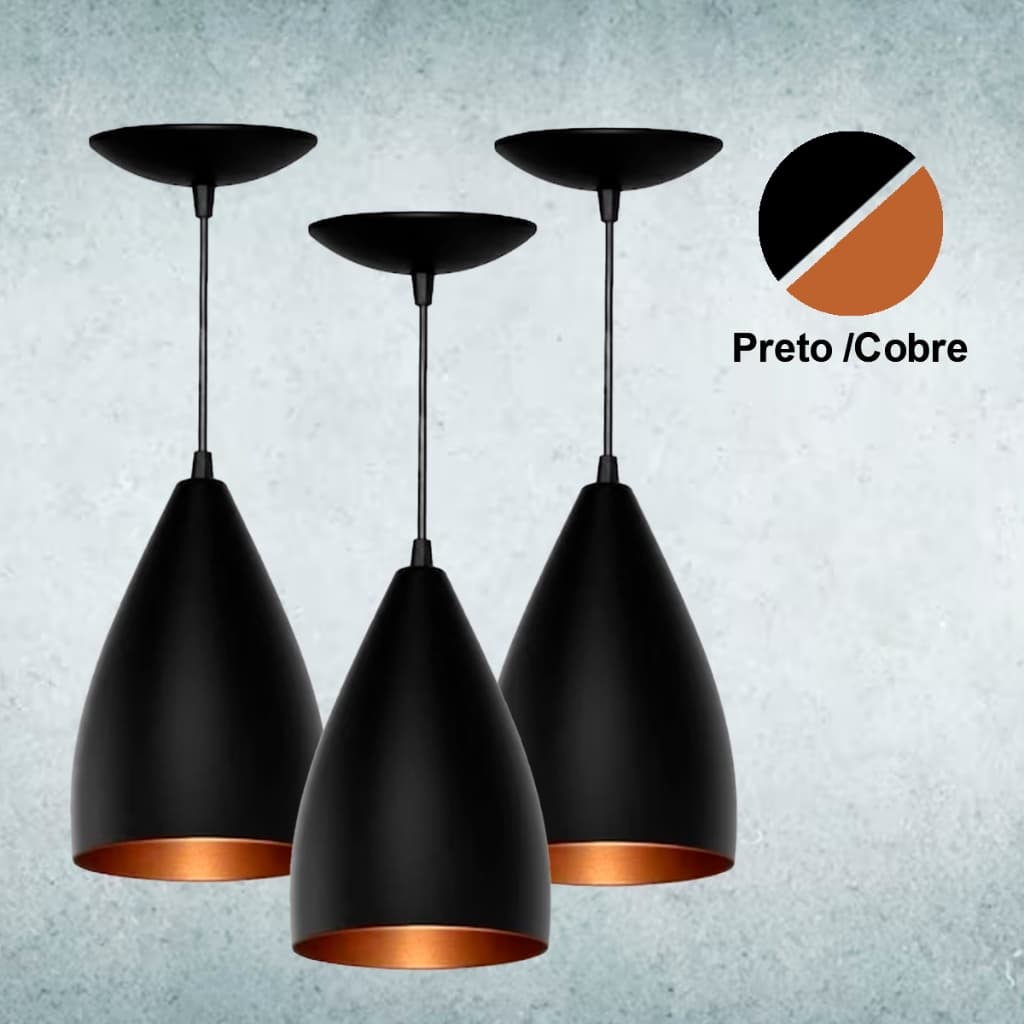 Kit 3 Pendentes de Teto Vegas Preto Cobre Design Sofisticado - Lustre Moderno para Sala, Cozinha e Área Gourmet