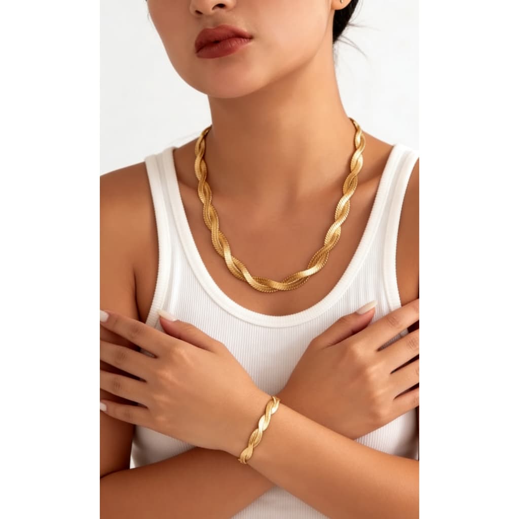 Kit Pulseira Colar Feminino 2 Fios Banhado em Aço Inox Ouro 18K Ajustável - A promoção