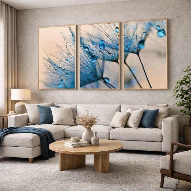 Kit Quadro Decorativo Moldura Dente De Leão Azul Grande Sala Quarto Moderno