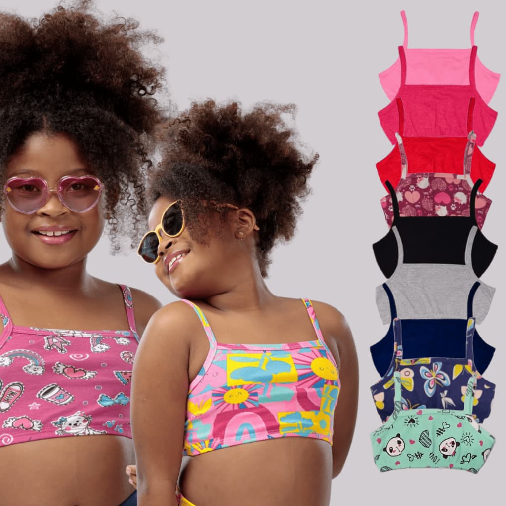 Top Infantil Cotton Feminino Kit com 5 Peças Sortidas Confortáveis Sem Bojo Verão