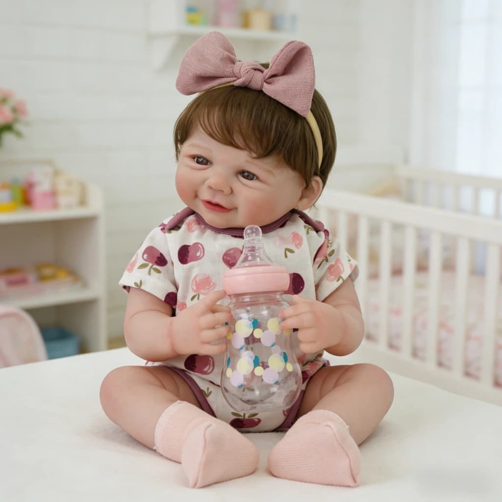 Bebê Reborn Menina Silicone 48cm Boneca Olho Castanho Pode dar Banho Envio Imediato
