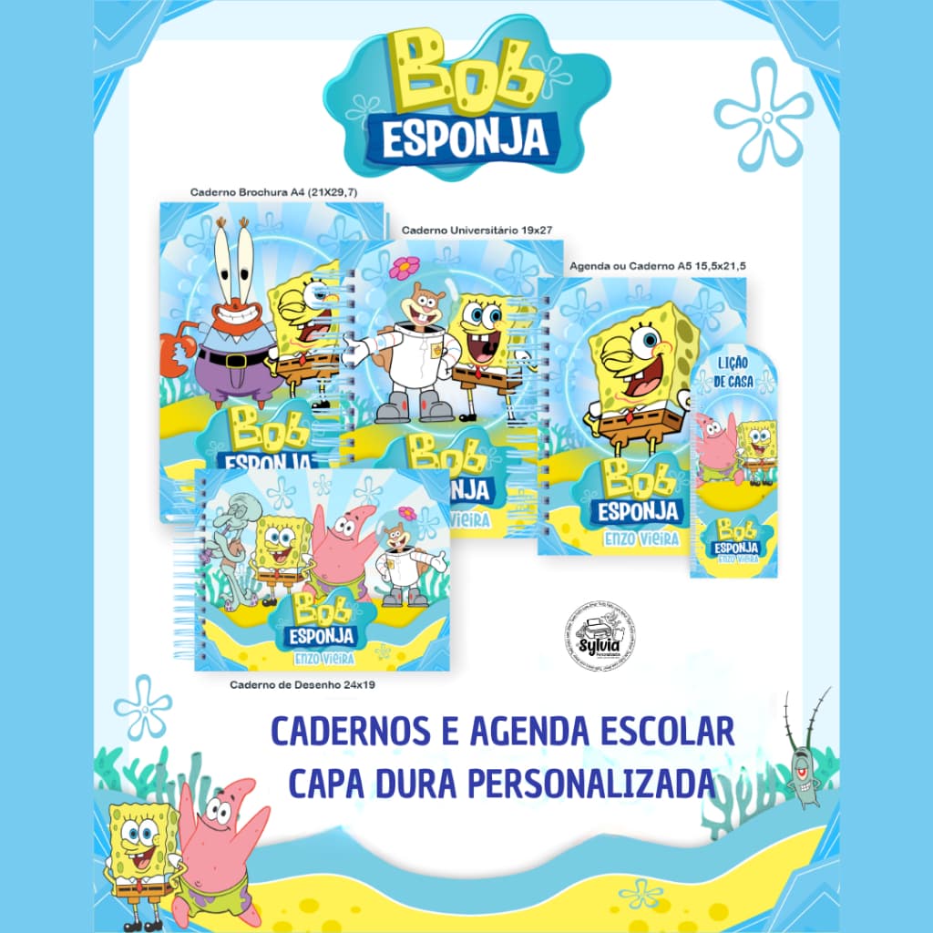 Cadernos Capas Personalizadas Bob Esponja • Escolar • Nome na Capa