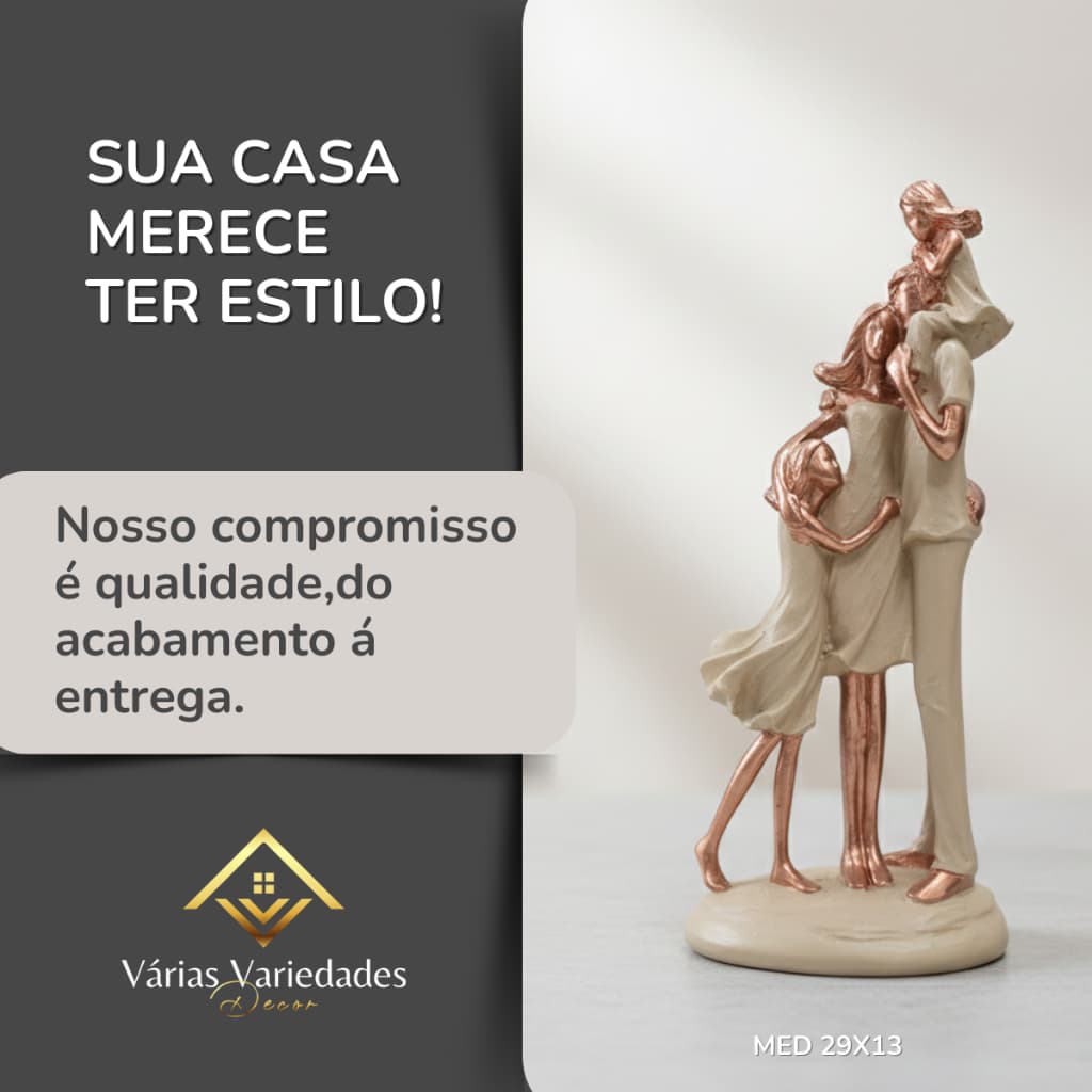 Peça Decorativa Luxo Família Casal e Filhas Estatueta Rosê Gold Decorativa Casa Escritório Clínica Aparador 28cm