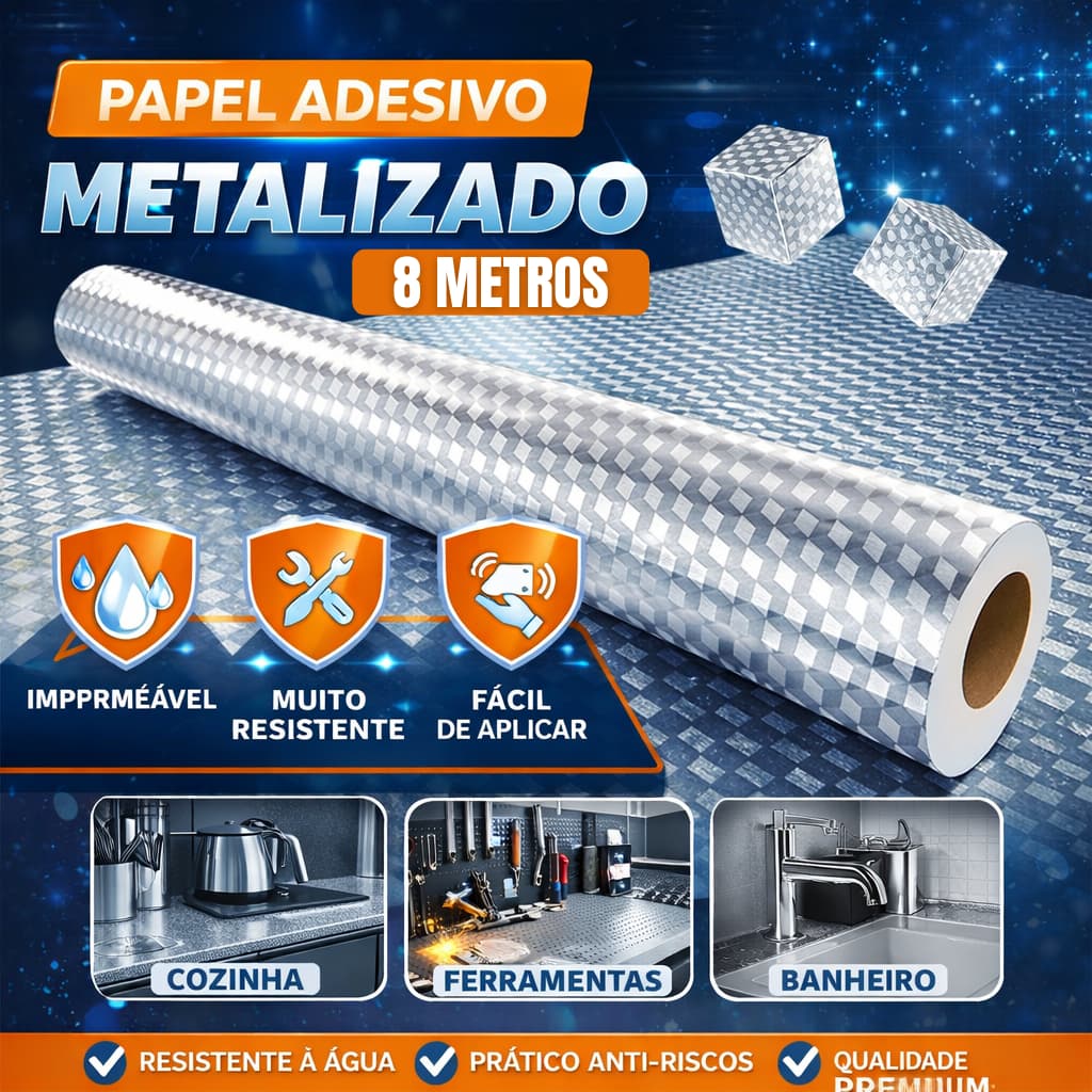 Papel Aluminio Adesivo 2, 4,  6 ou 8m Prata Metalizado Resistente Cozinha Parede Banheiro Bancada
