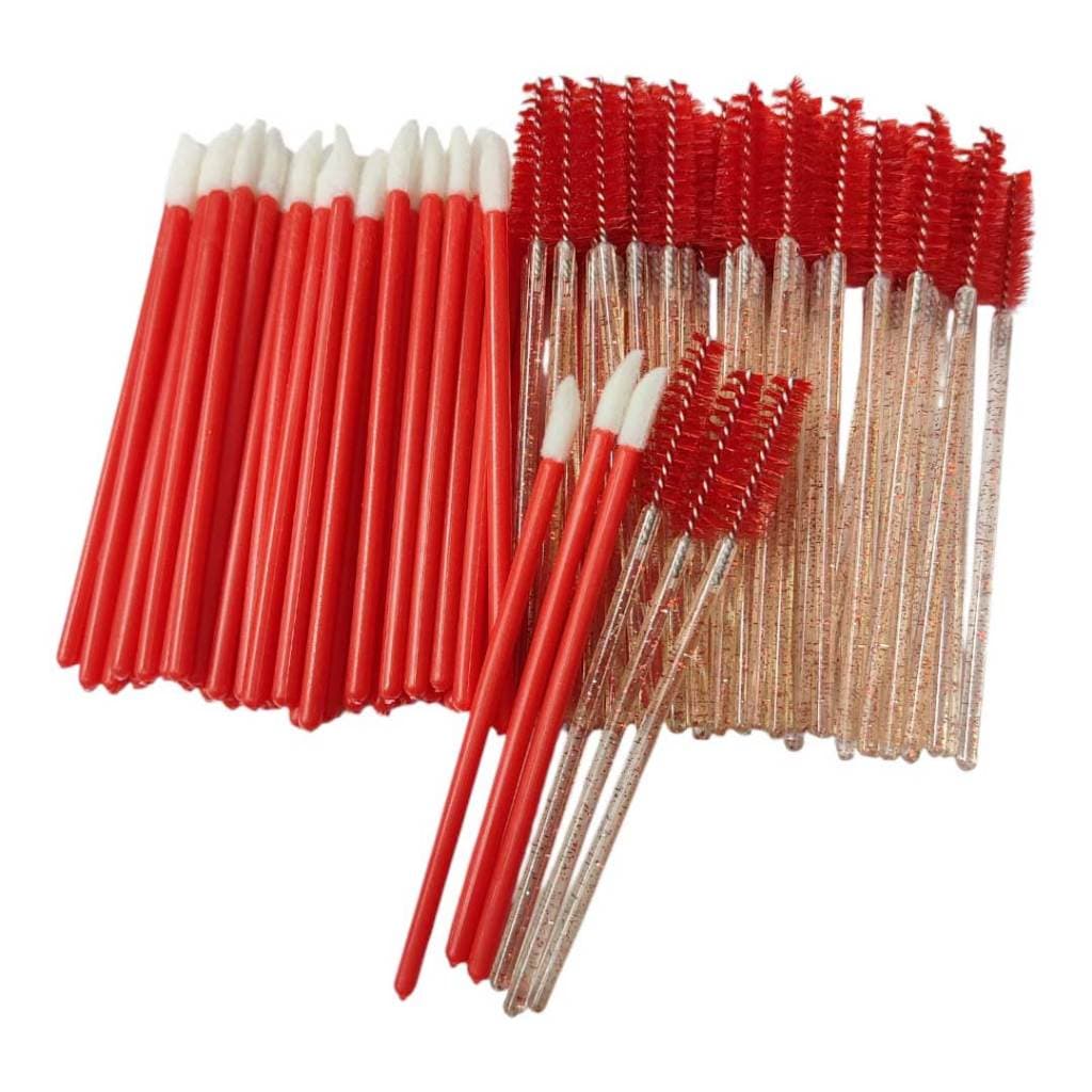 Kit 50 Escovinha Glitter Vermelha+ 50 Pincel Aplicador Gloss e Maquiagem Vermelho