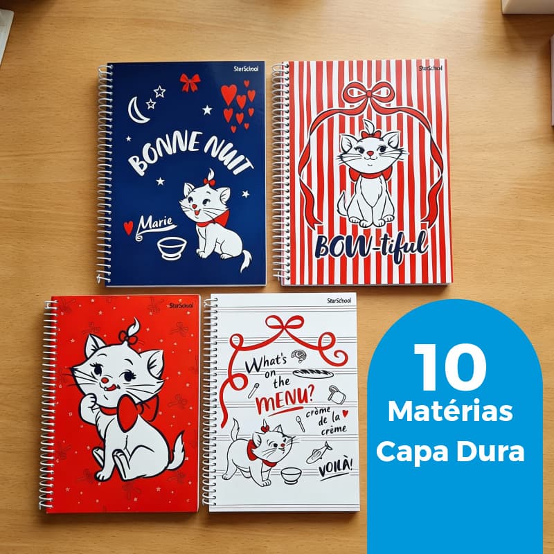 Caderno Universitário Gata Marie 10 Matérias Gatinha Fofa 160 Folhas Capa Dura Espiral Escolar