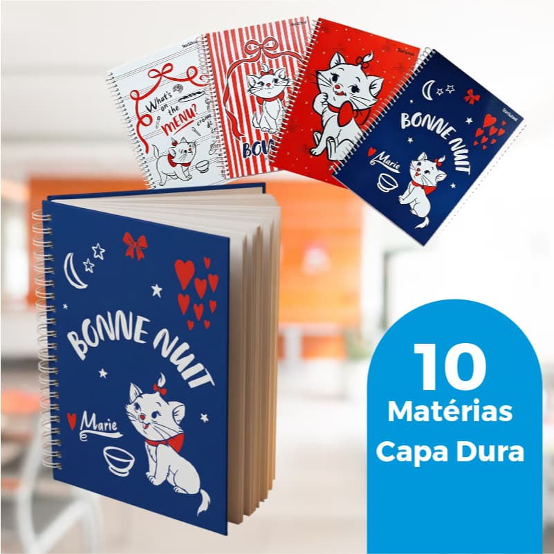 Caderno Universitário Gata Marie Jandaia 10 Matérias 160 Folhas Espiral Capa Dura Menina Disney Aula