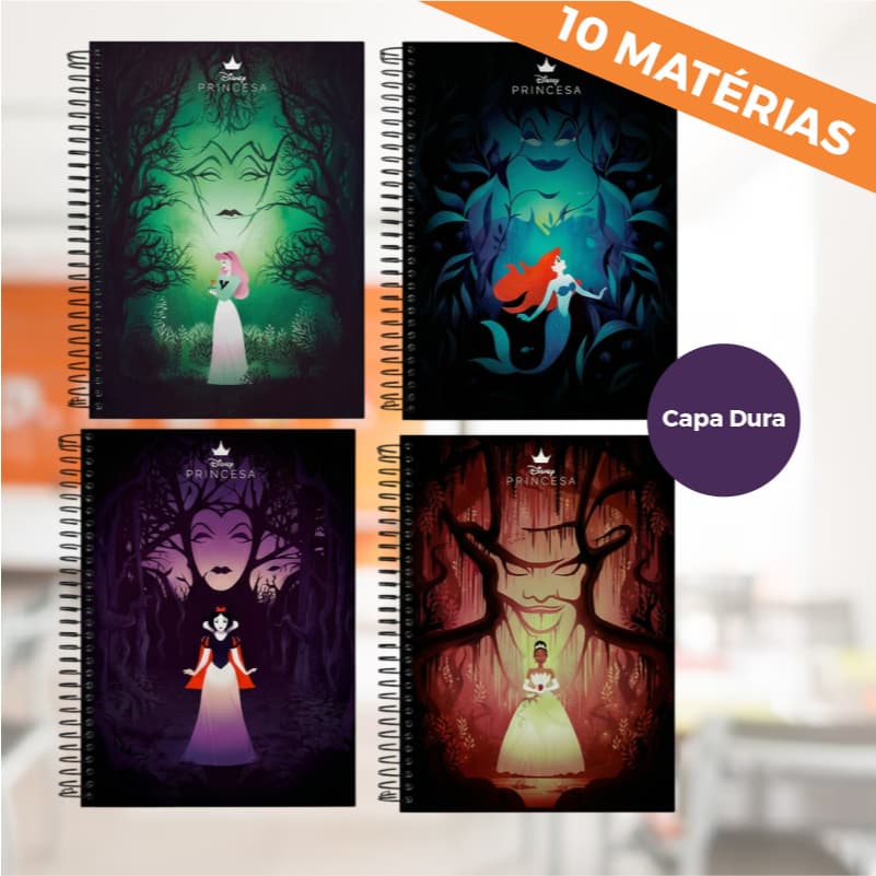 Caderno Universitário Princesas Disney 10 Matérias 160 Folhas Capa Dura Espiral Varias Estampas