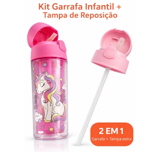 Kit Garrafa Infantil Unicornio com Canudo + Tampa Extra | BPA Free | Antivazamento | Escolar