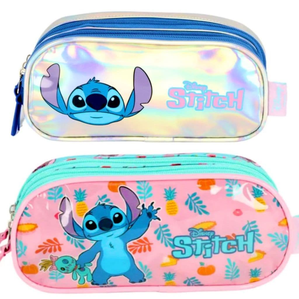 Estojo Infantil Escolar Triplo Disney Stitch Luxcel Cor Rosa- Prata