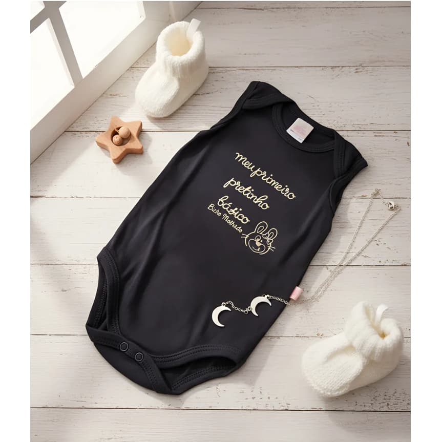Body Bebê Bicho Molhado Algodão Preto Menina Bordado Forrado Meu Primeiro Pretinho Básico Premium