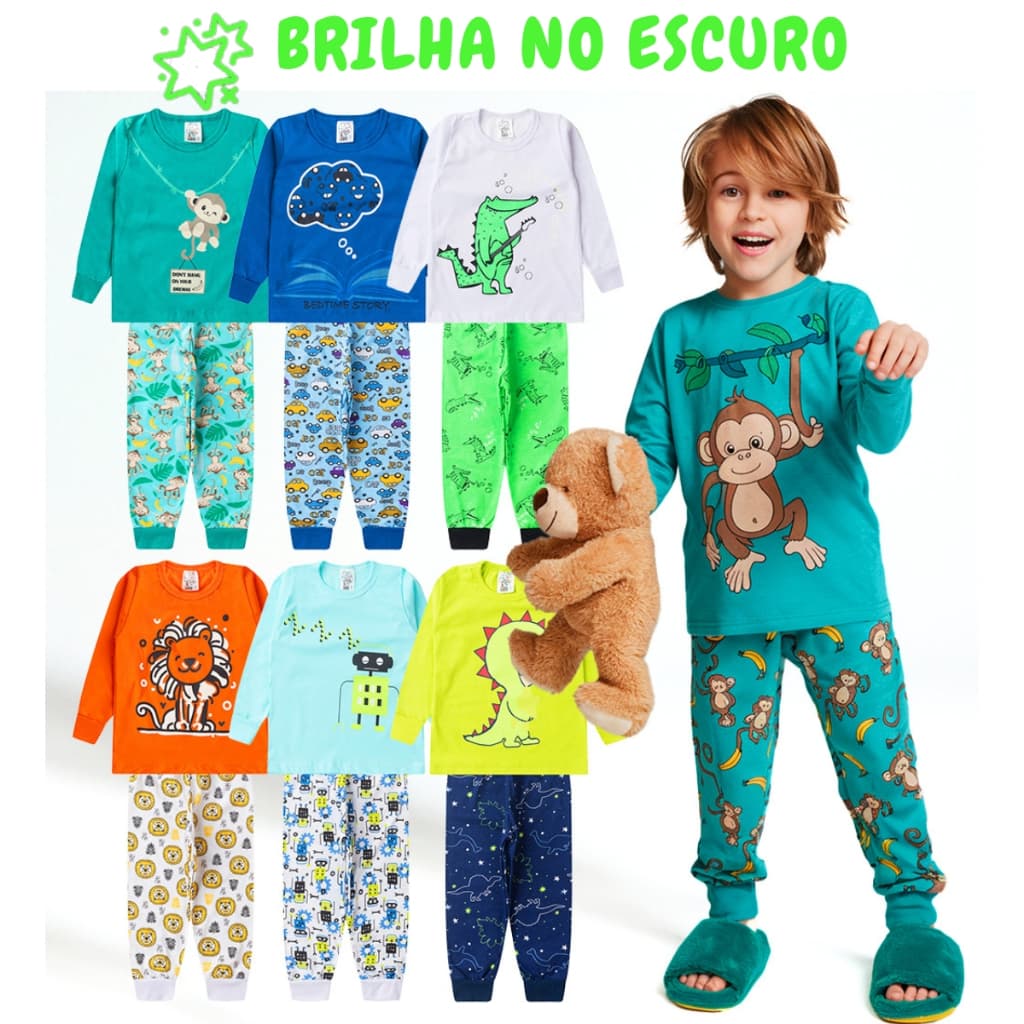 Kit 6 Peças Pijama Infantil Brilha no Escuro Inverno Menino Sortidos Infantil Masculina