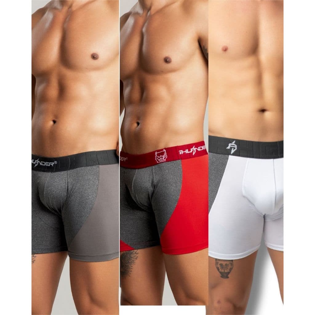 Kit 3 Cuecas Boxer Poliéster – Masculina | 2 Duas Cores + 1 Detalhe Lateral
