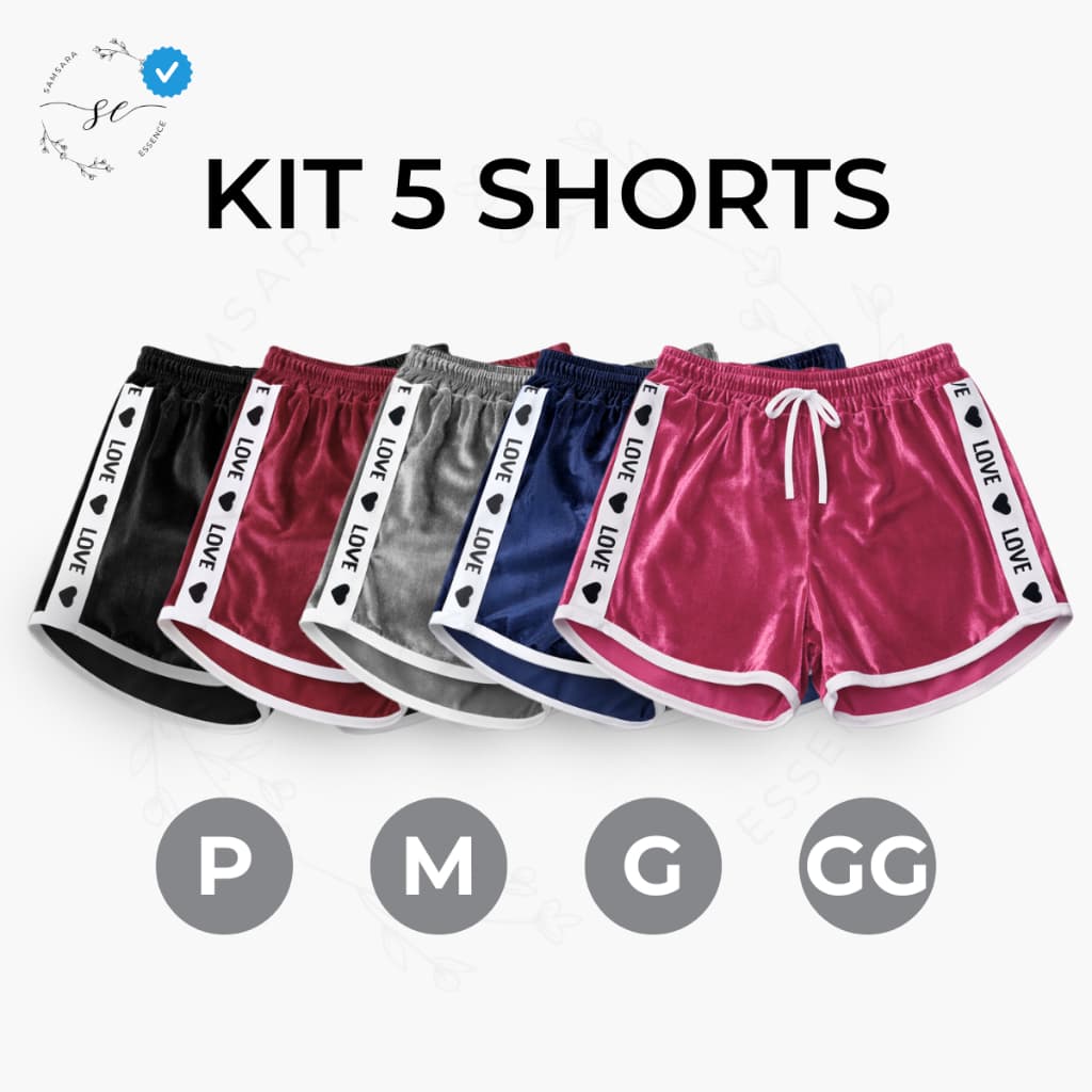 Kit 05 Short Feminino Love em Veludo Cintura com Elástico Super Confortável