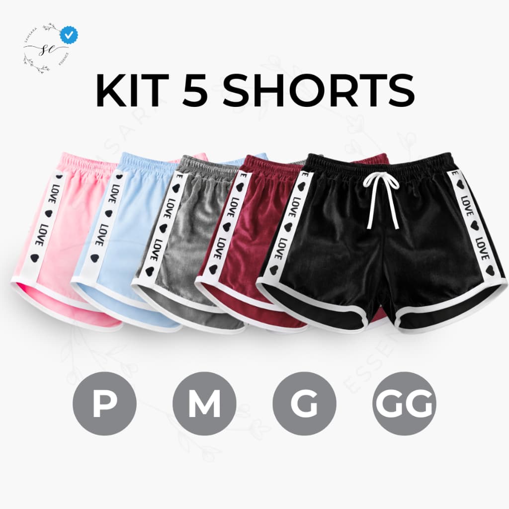 PROMOÇÃO 5 Short Feminino Love Tecido Premium em Veludo Elástico na Cintura Leve e Super Confortável