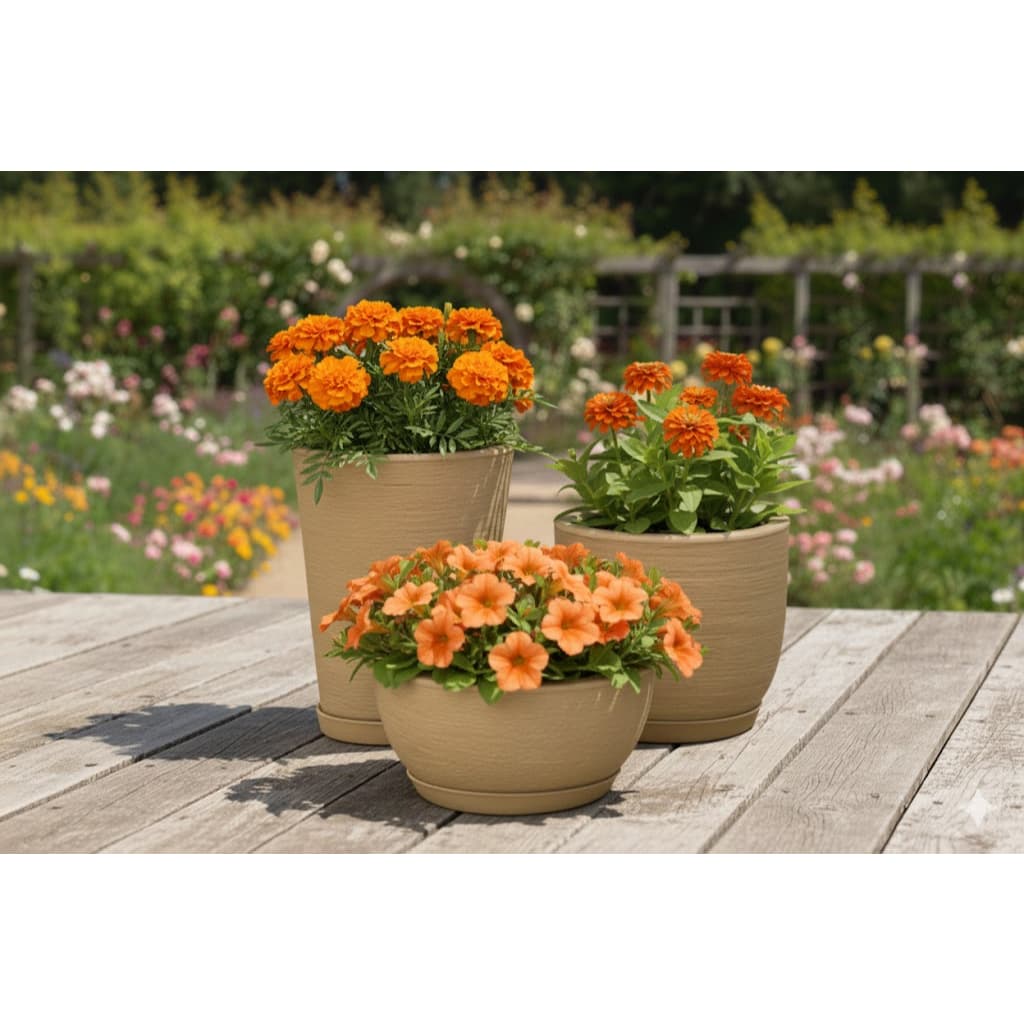 Kit 3 Vasos Polietileno Escovado Para Plantas Ornamentais + Prato Coletor