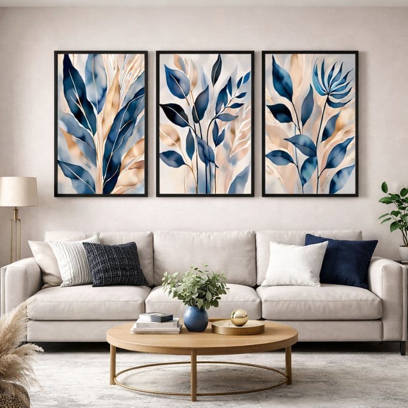 Kit 3 Quadros Decorativos Com Moldura 50x70 Botânico Moderno Grande Para Sala Quarto