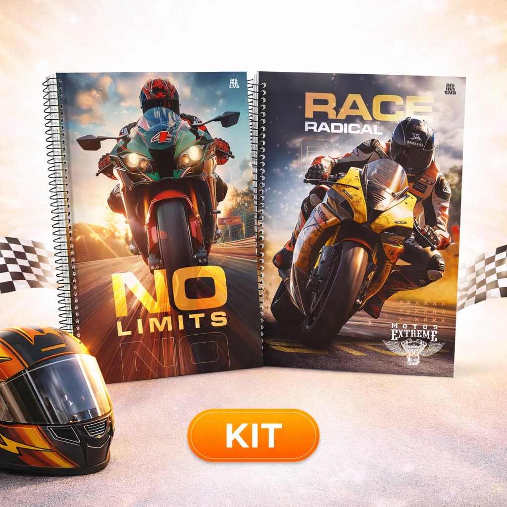 Kit Cadernos GRANDE Espiral 1/10 matérias Com adesivos Capa Dura Carros e Motos Escolar