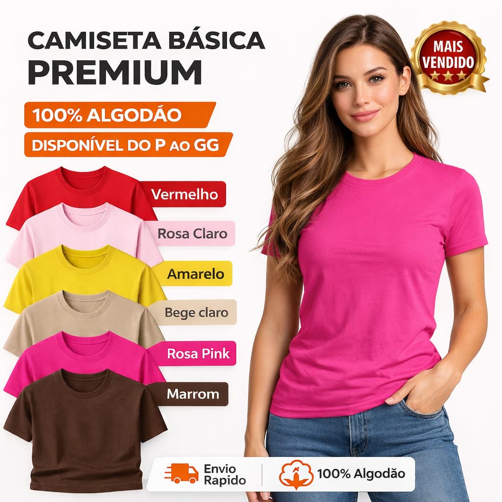 Camiseta lisa Básica de Algodão 100% Feminina Manga Curta