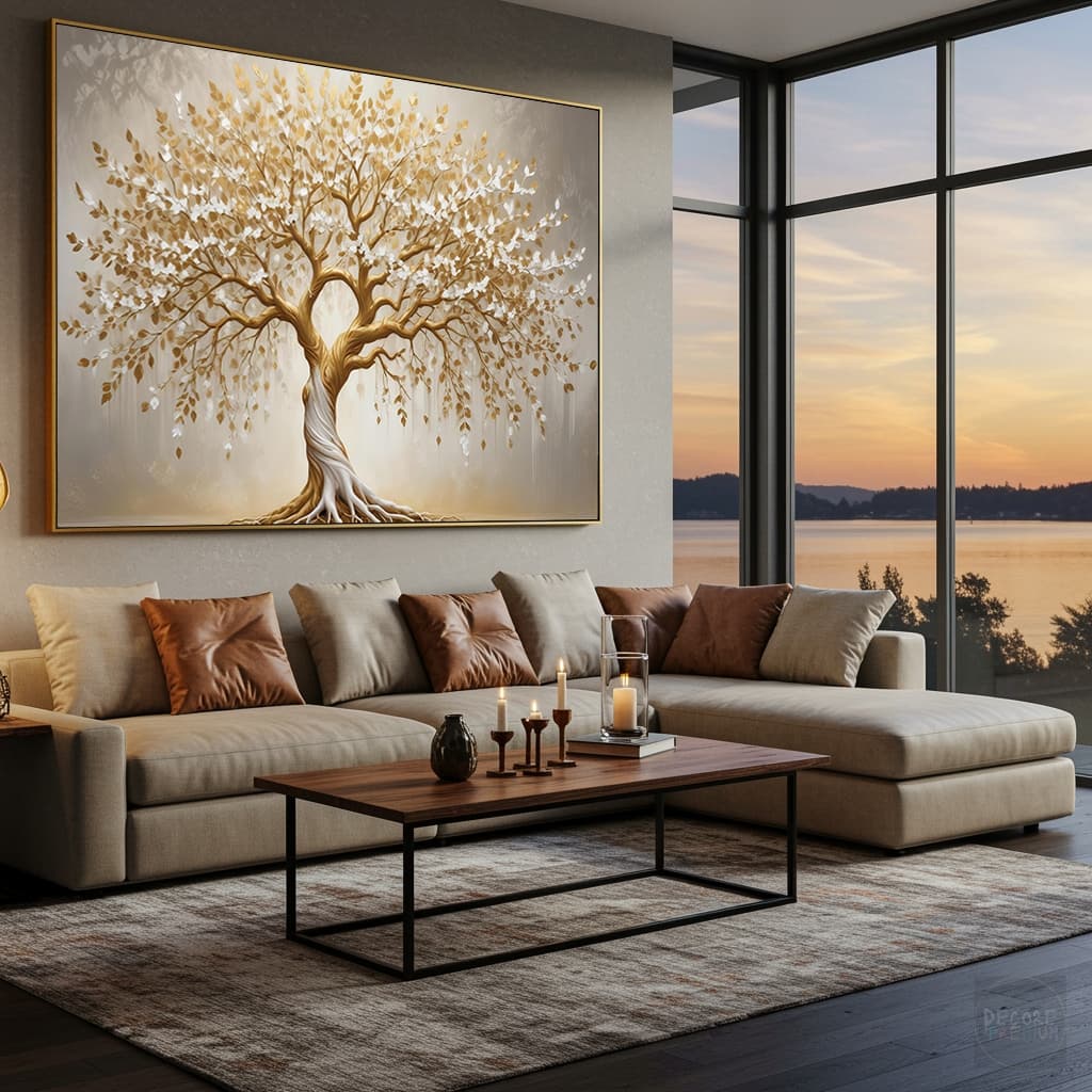 Quadro Arvore Cheia de Prosperidade E Harmonia Branco e Dourado Pousada Moderna Horizontal
