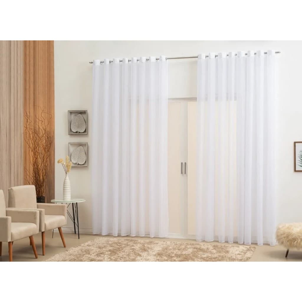 Cortina Voil 4,00 x 2,50 Liso com Ilhós Cromado Voal Transparente