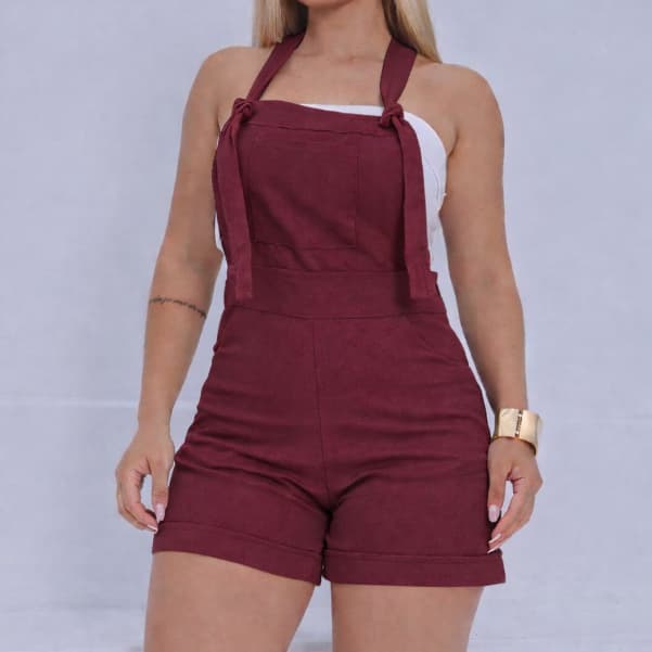 Jardineira MARIA Macaquinho Macacão Feminina tecido Linho Premium com ziper lateral e bolsos