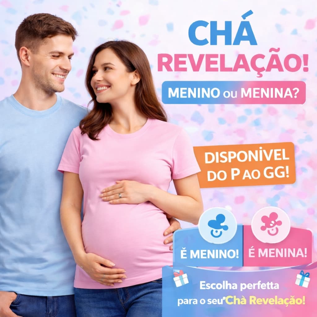 Kit Chá Revelação Azul e Rosa Casal 2 Camisetas Blusa 100% Algodão