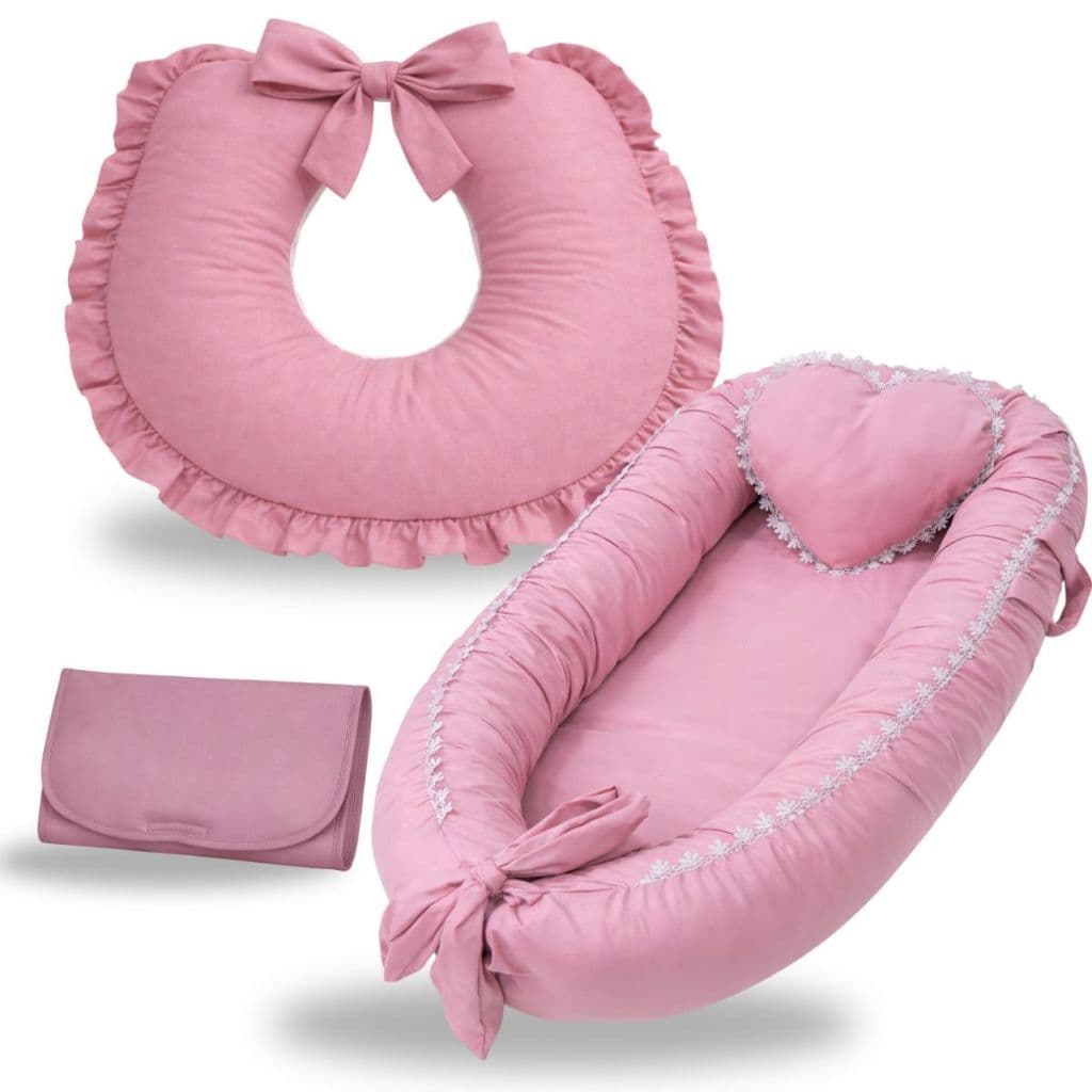 Ninho Redutor de Berço Bebe Menina + Almofada Amamentação + Trocador Portátil Kit 3 Peças Luxo Rose