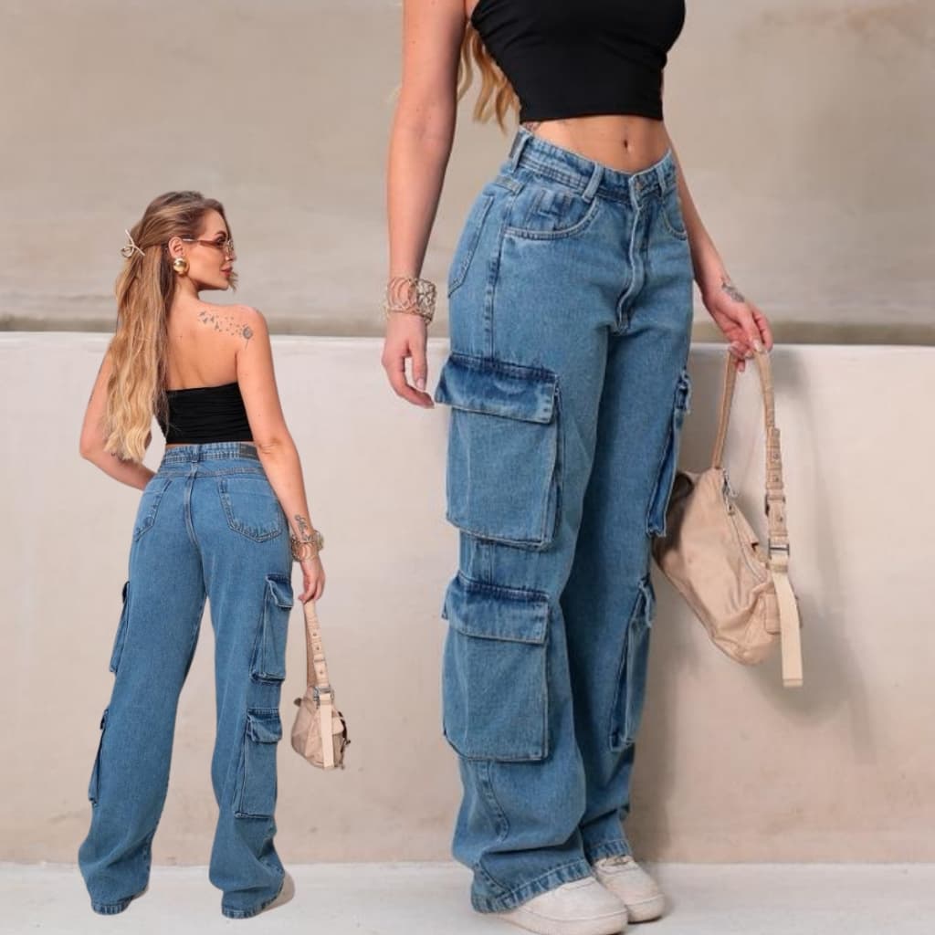 Calça Jeans Wide Leg Cargo Feminina 4 Bolsos Cintura Alta Tendencia 2026