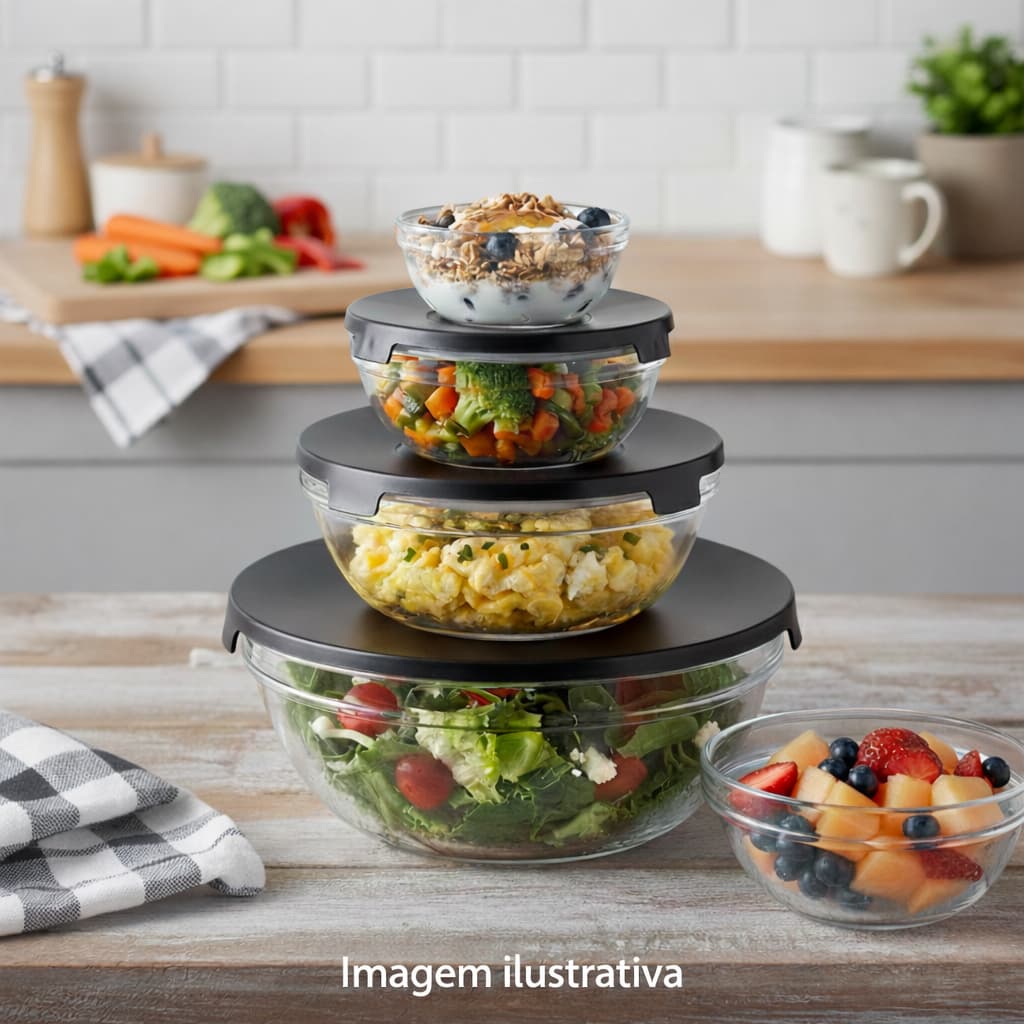 Kit 5 Potes de Vidro com Tampa | Armazenamento de Alimentos | Empilhável