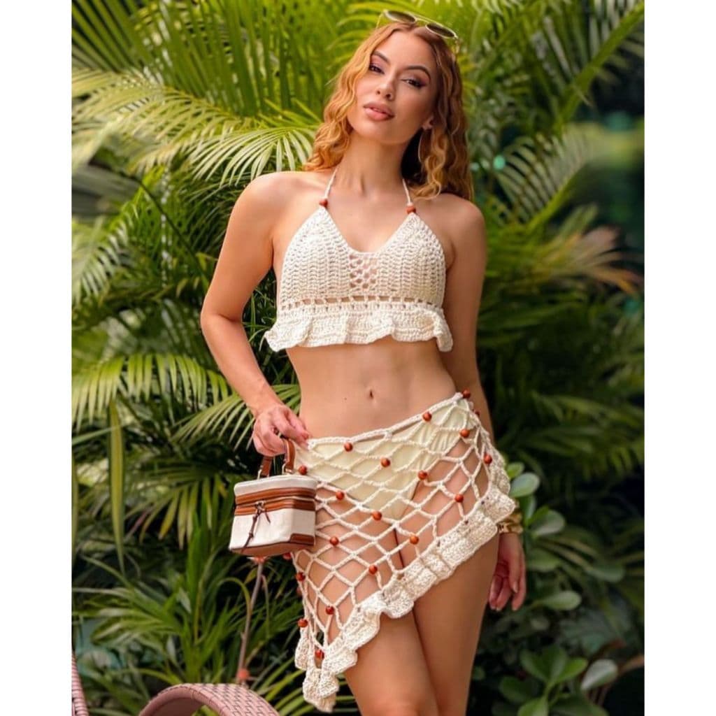 Conjunto Crochê Top E Mini Saia Feminino Saída Praia