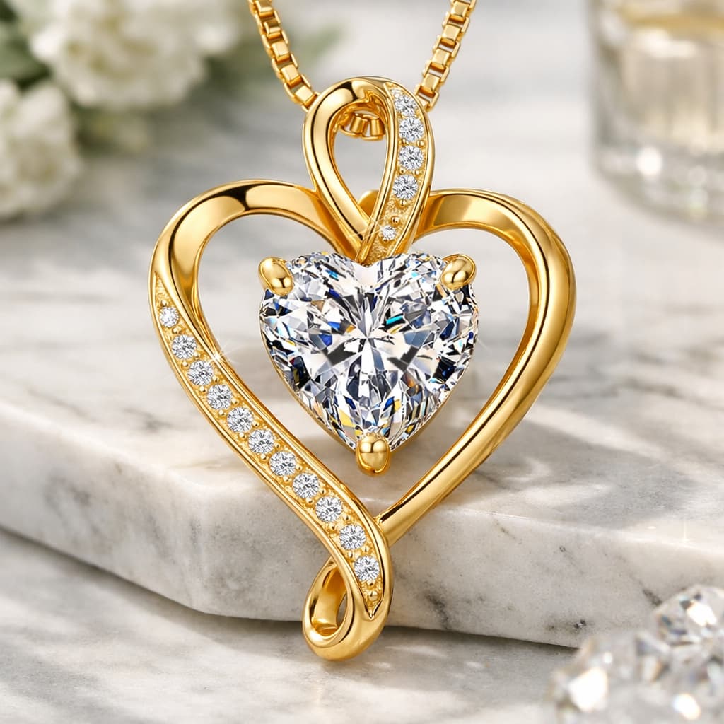 Colar Feminino de coração Dourado com Pedra em Zircônia Cubica  Lapidada