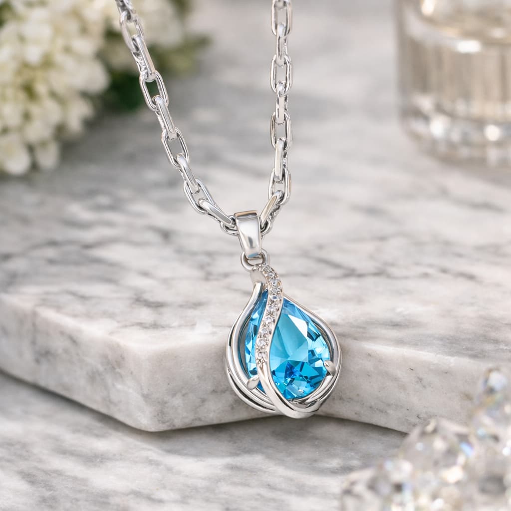 Colar prateado Gota Azul Luxo – Pingente com Pedra Cristal Azul e Zircônias