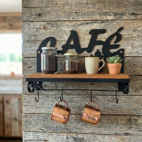 Prateleira Cantinho Do Café Porta Canecas Ferro e Madeira Com Ganchos Minimalista Suspensa Decoração