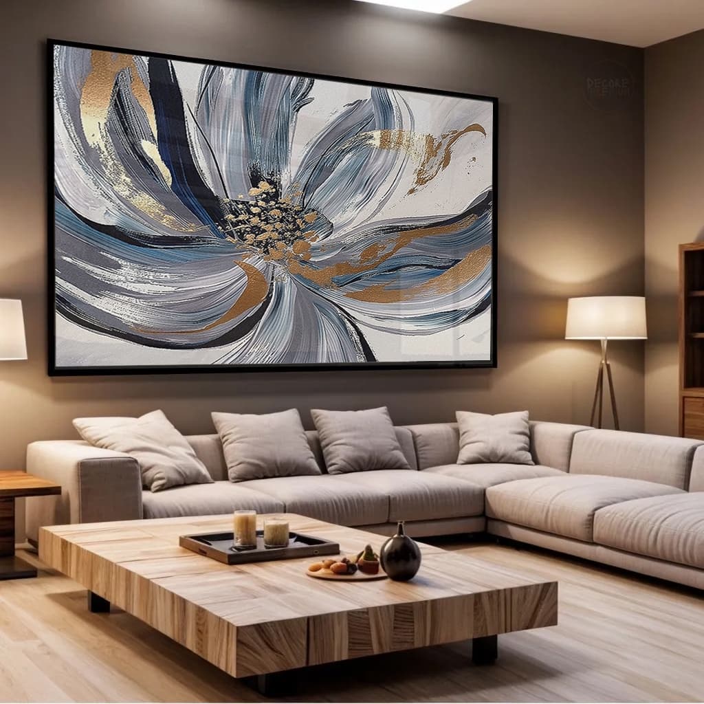 Quadro Flor Abstrata Azul e Dourado Elegância Requinte Moderno Decorativo Sala Quarto Tela Canvas