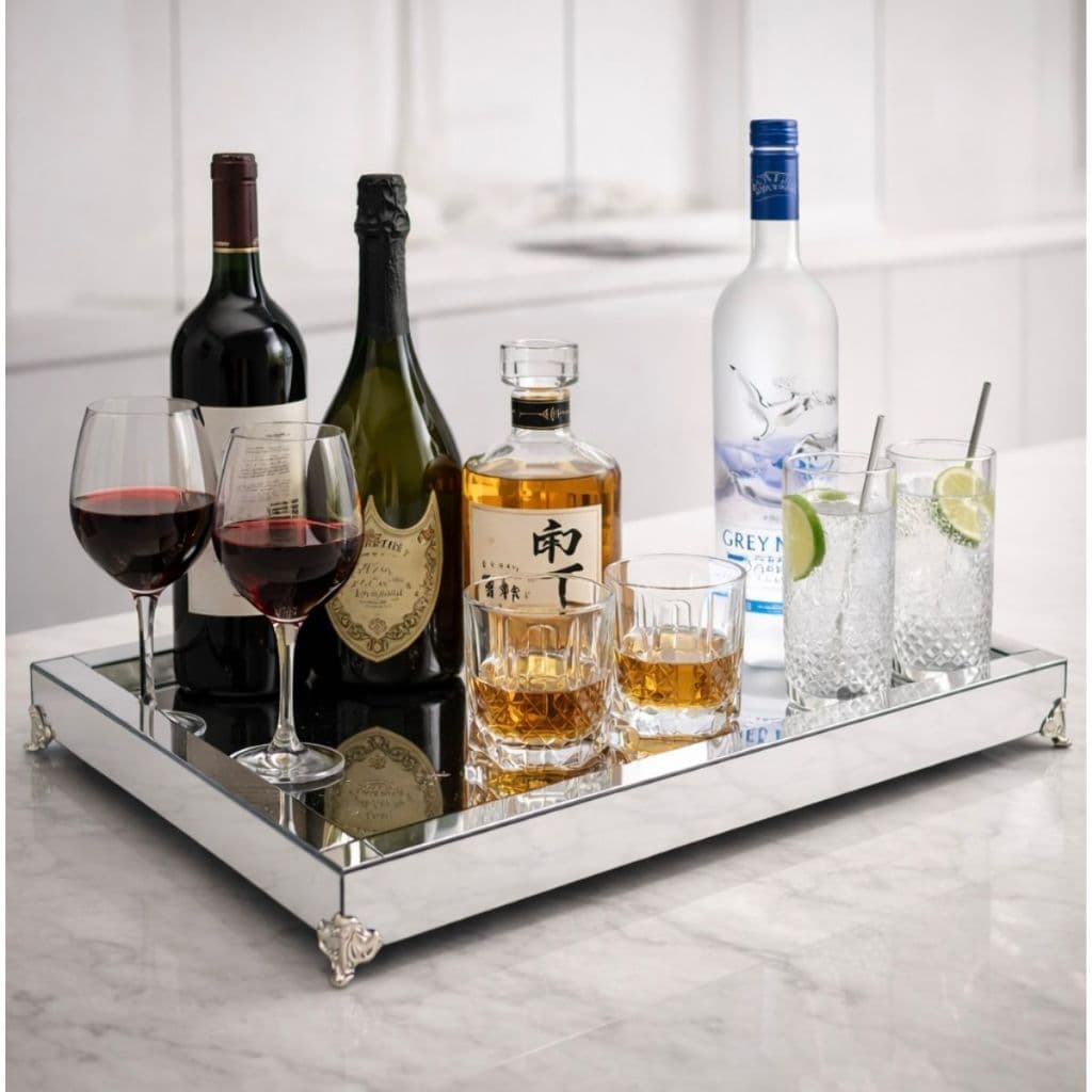 Bandeja Espelhada Prata Bar Decorativa Pés Metálicos 30x50 cm