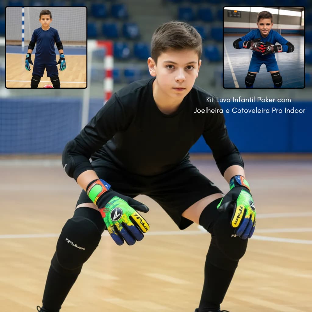 Kit Luva Goleiro Infantil Poker Cotoveleira Joelheira Futsal Original Junior Infantil