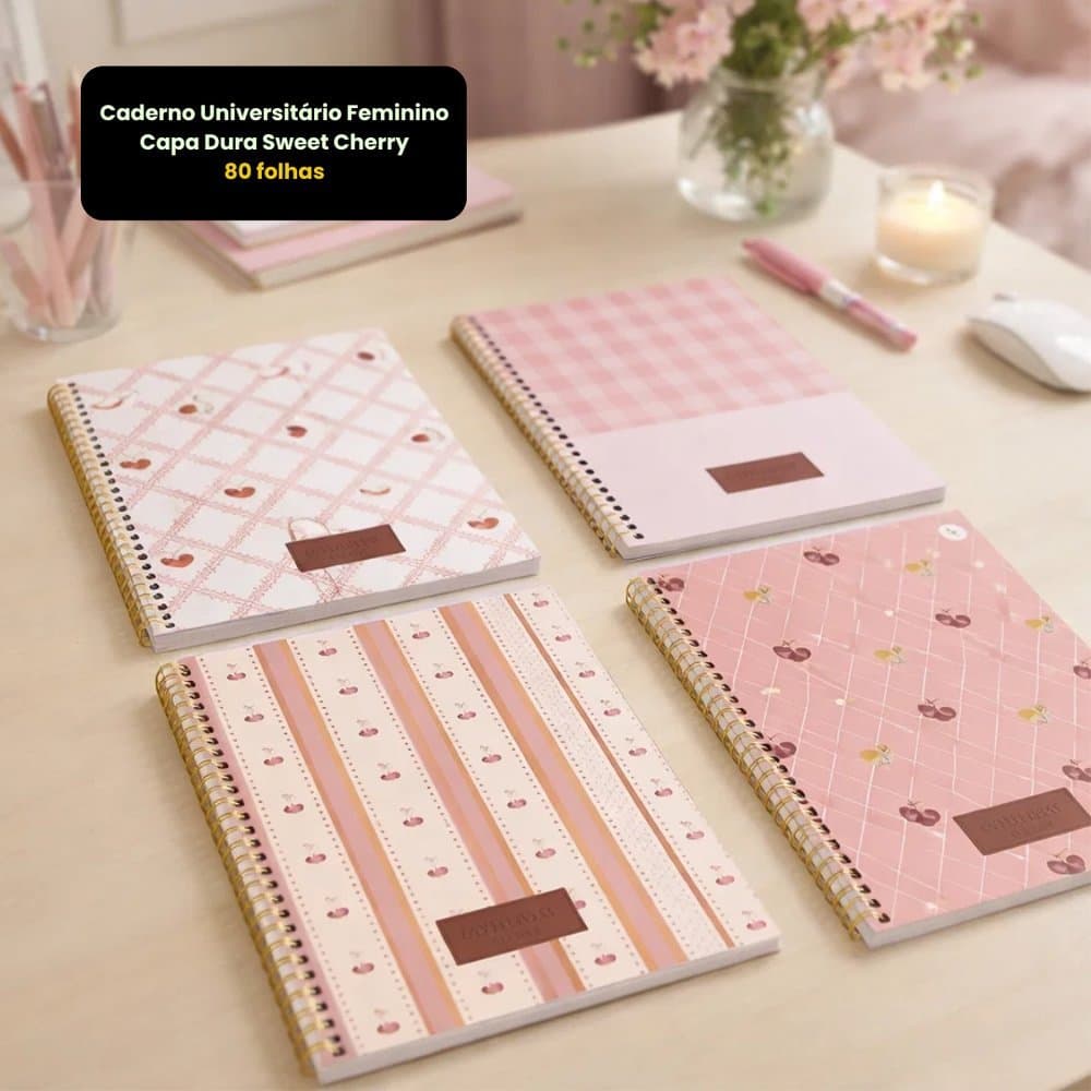 Caderno Espiral Universitário Feminino Capa Dura Sweet Cherry 80 folhas Escolar – Sortido
