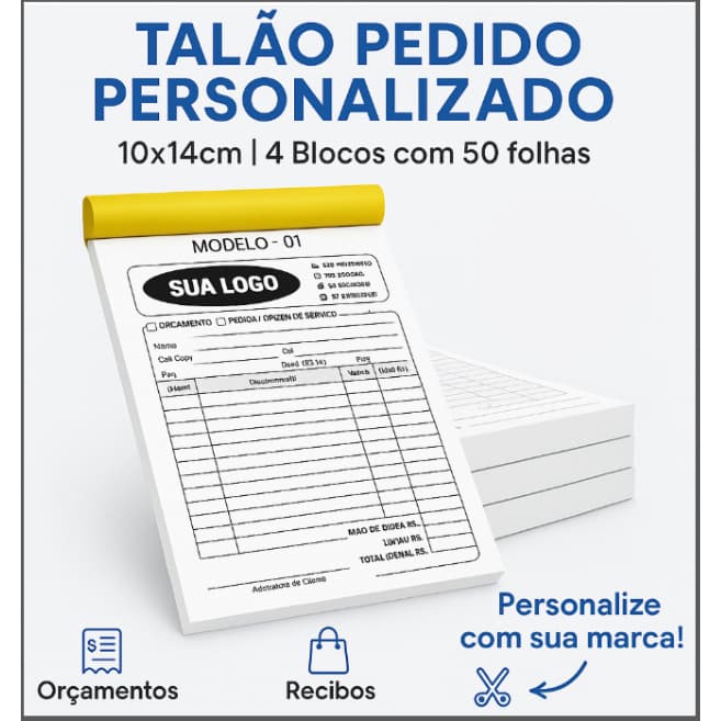 16 Talão Pedido PERSONALIZADO 10x14cm | 16 Blocos c/ 50 Folhas | Para Orçamentos, Recibos e Notas