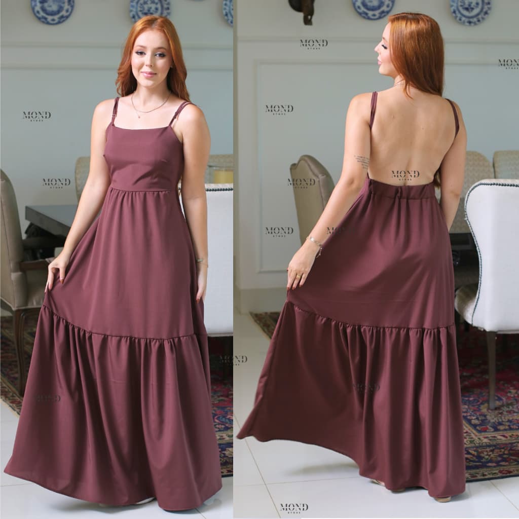 Vestido Feminino Longo Decote Costas Nuas com Bojo e Alças Regulaveis Soltinho Longo 1 Maria