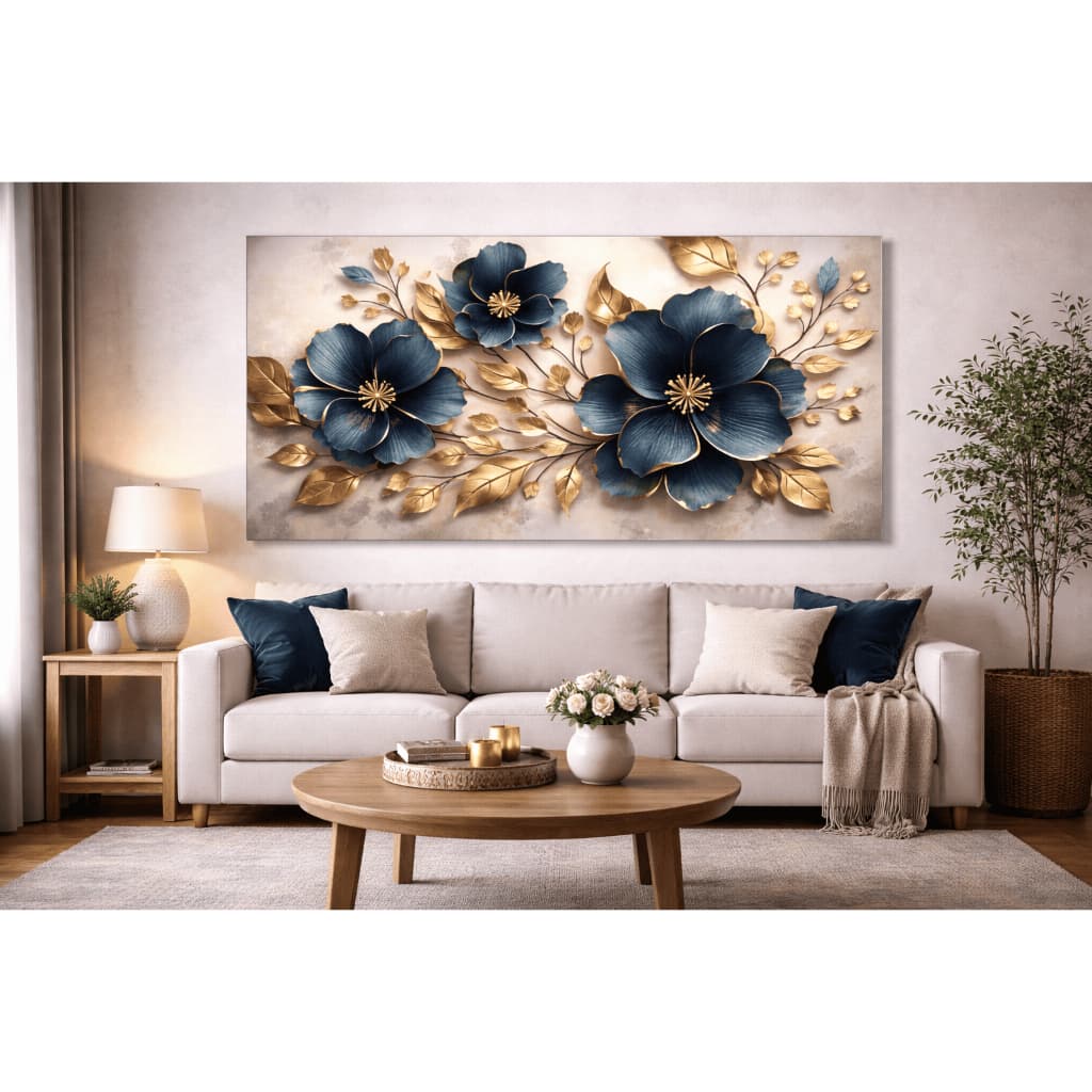 Quadro Decorativo Flores Azui e Douradas Ouro Elegante Luxo Moderno Abstrato Decore Sala Hall Quarto