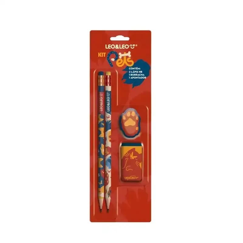 Kit Escolar Infantil C/4 Peças - Kit Material Escolar Pets Leo&Leo