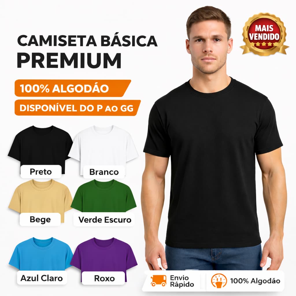 Camiseta Básica lisa de Algodão 100% Masculina Manga Curta