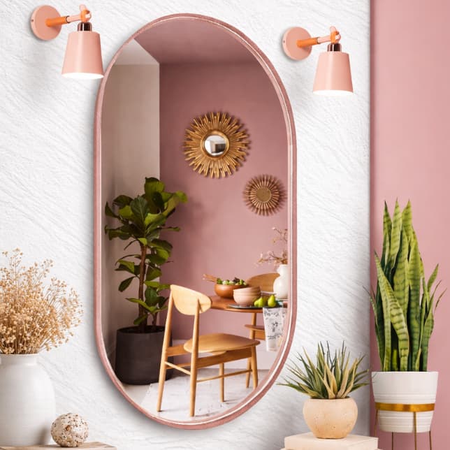 Espelho OVAL Decorativo Moldura em Couro Rosé Moderno Luxo Sala Quarto Hall 76x43cm