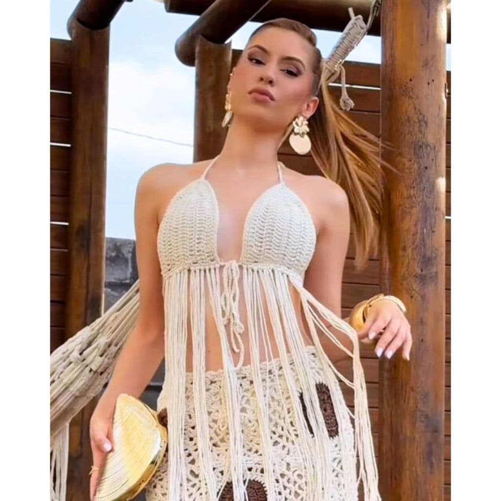 Top Cropped Feminino Crochê Artesanal Com Bojo E Franja Boho